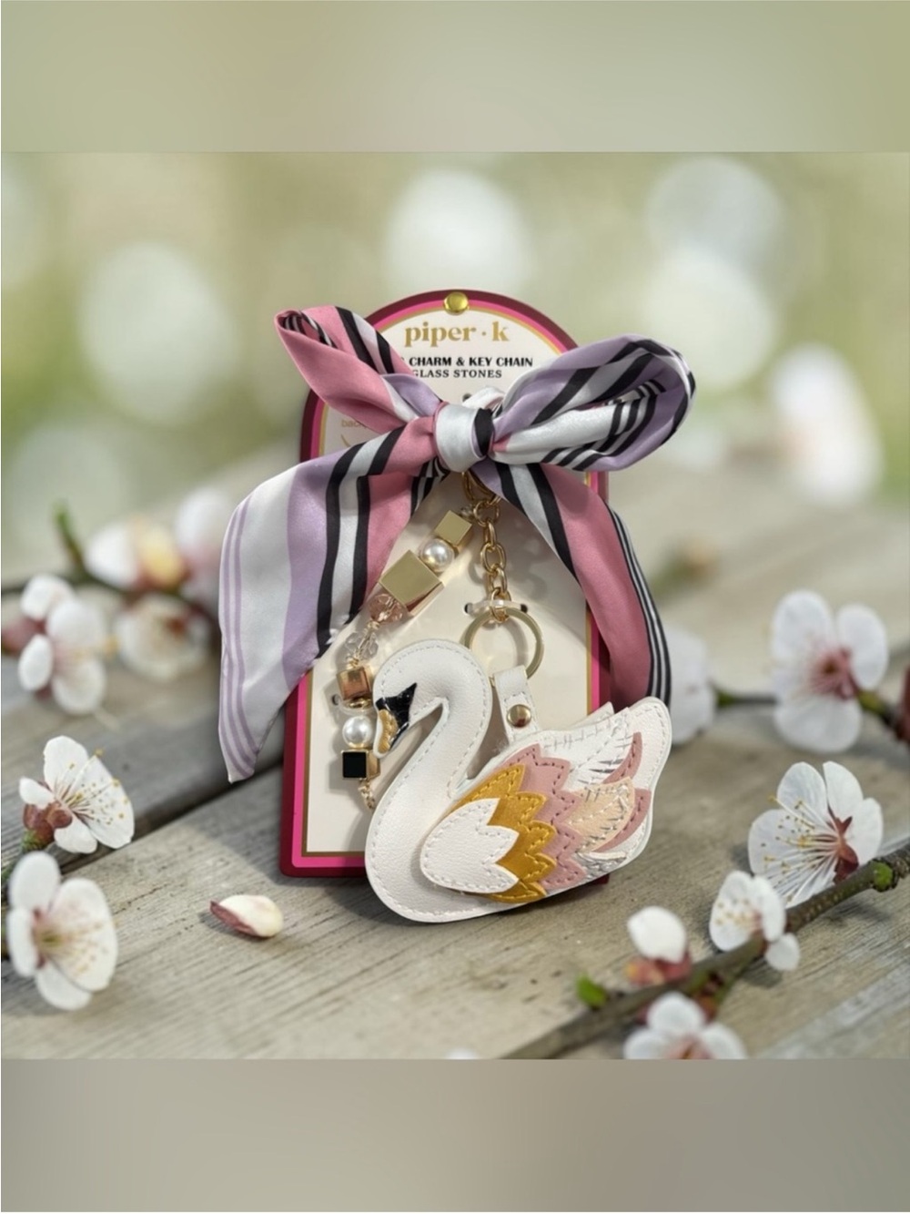 Piper K  White Swan Keychain with Pink Striped Bow and Gold Accents